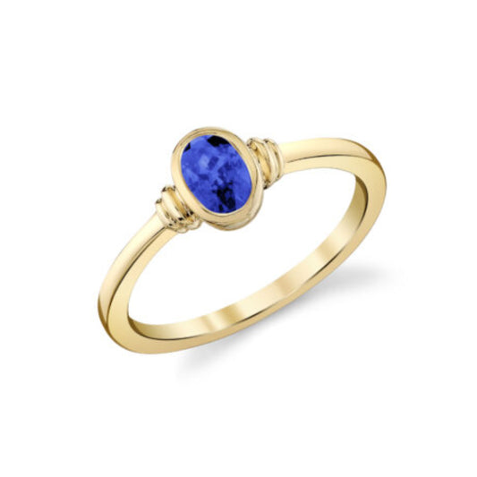 14k Gold Bezel Set Sapphire Ridged Accent Ring