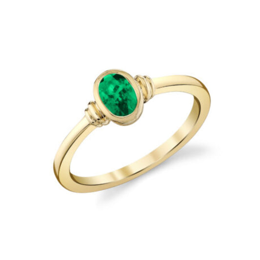 14k Gold Bezel Set Emerald Ridged Accent Ring