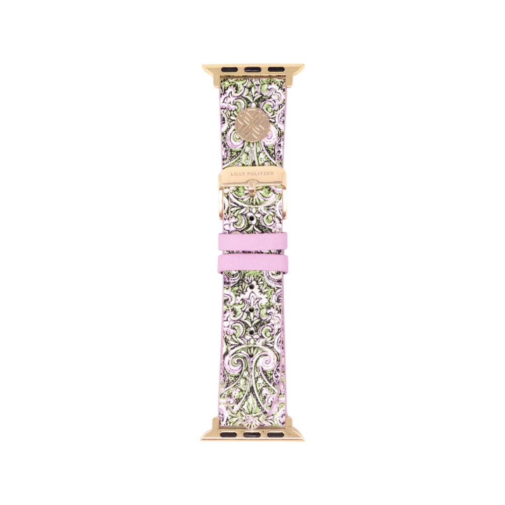 A smartwatch band featuring a light pink and green paisley pattern, with a light pink adjustable strap closure and gold-toned metal hardware.