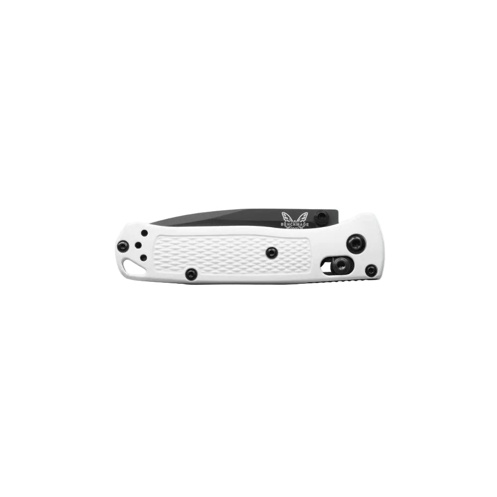 A folding pocket knife shown closed, featuring a textured white handle with black screws and a black clip point blade, displayed against a clean white background.