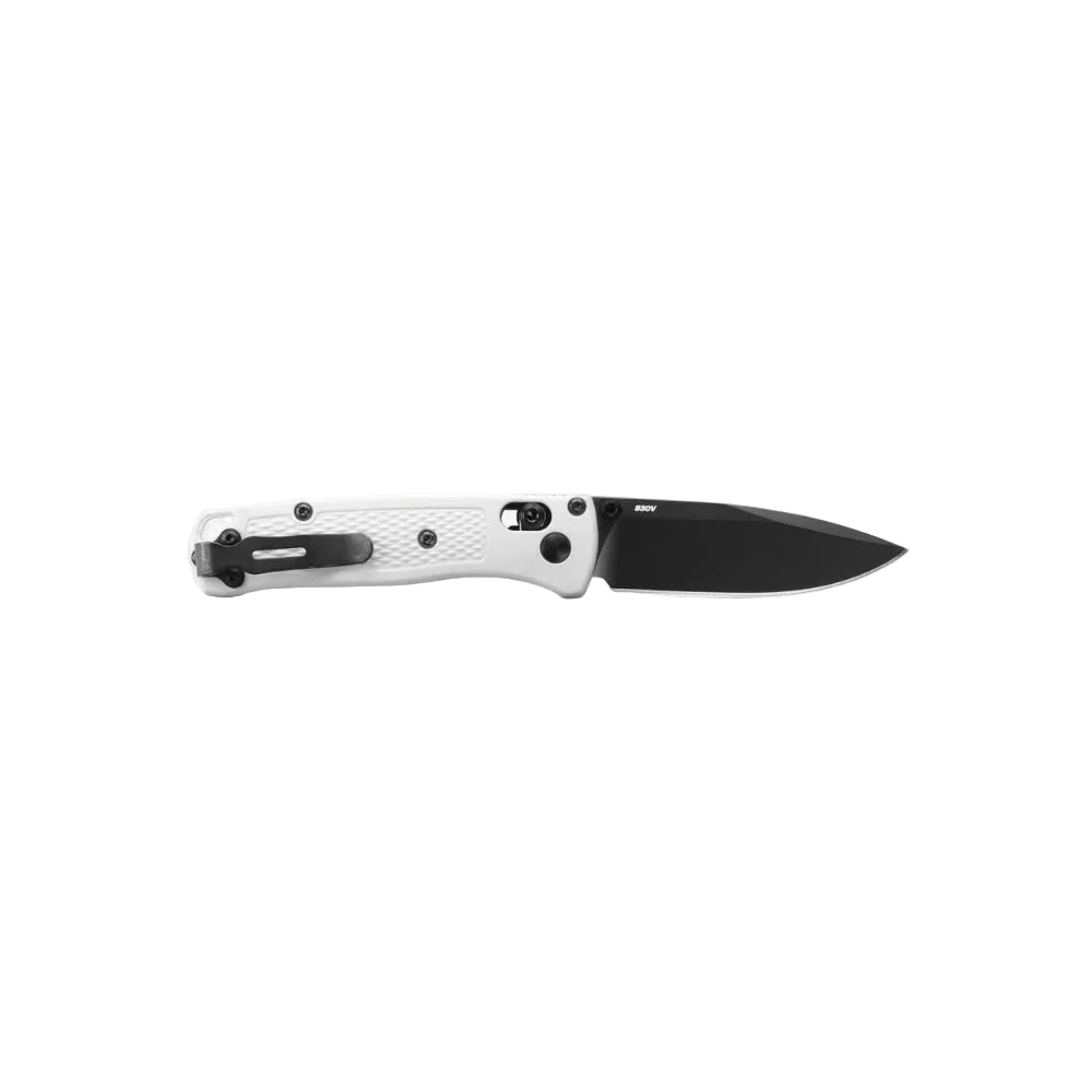 A folding pocket knife with a textured white handle and a matte black blade, shown in a side profile on a clean white background.