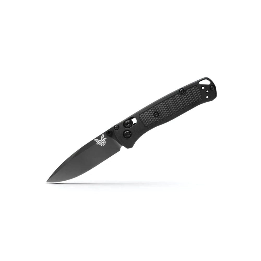 A black folding pocket knife with a textured handle and a silver logo on the blade, shown against a light gray background.