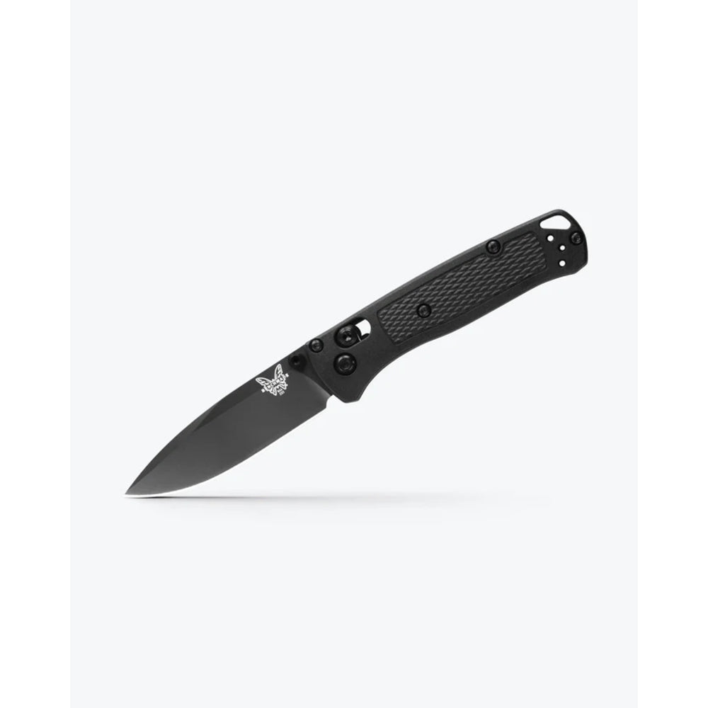 A black folding pocket knife with a textured handle and a silver logo on the blade, shown against a light gray background.