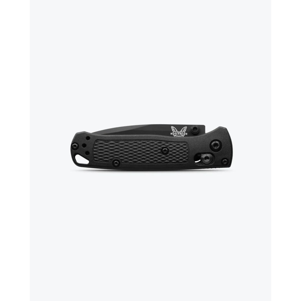 A black folding pocket knife with a textured handle and a silver logo on the spine, shown horizontally against a light gray background.