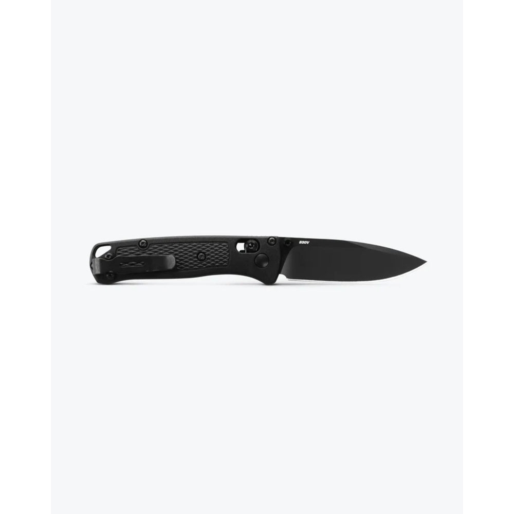 A black folding pocket knife with a textured handle and a matte black blade, shown in a side profile on a light gray background.