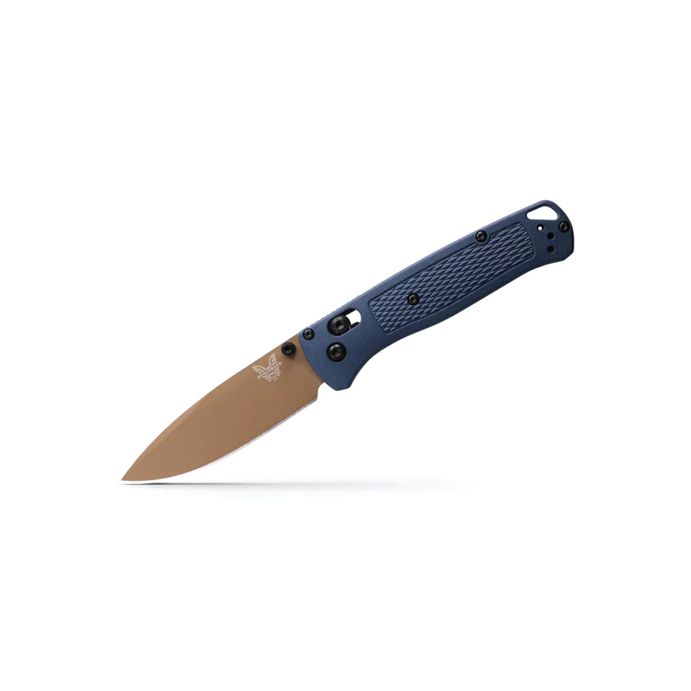 Folding knife with blue handle and brown blade on a white background