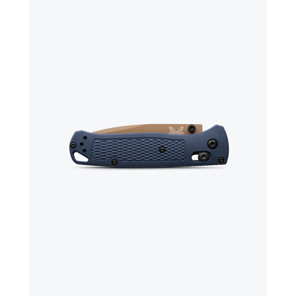 Folding knife with blue handle and brown blade on a white background