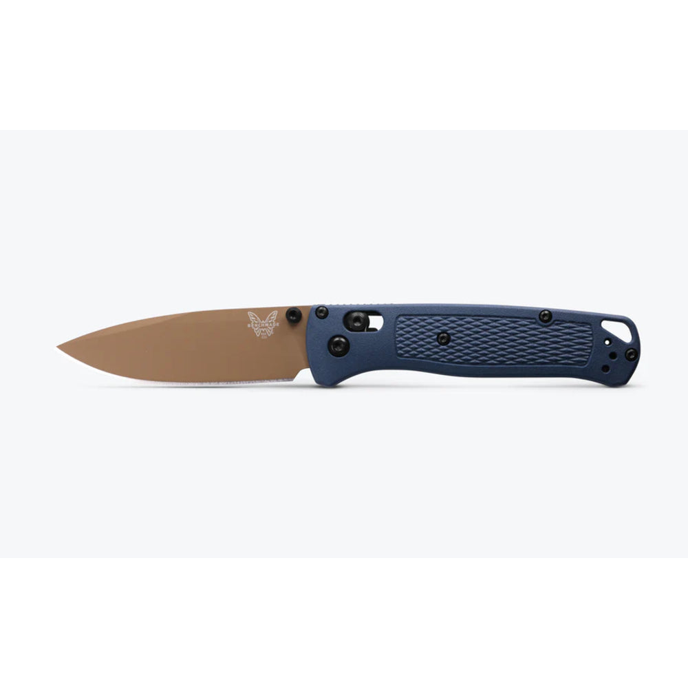 Folding knife with a blue handle and brown blade on a white background