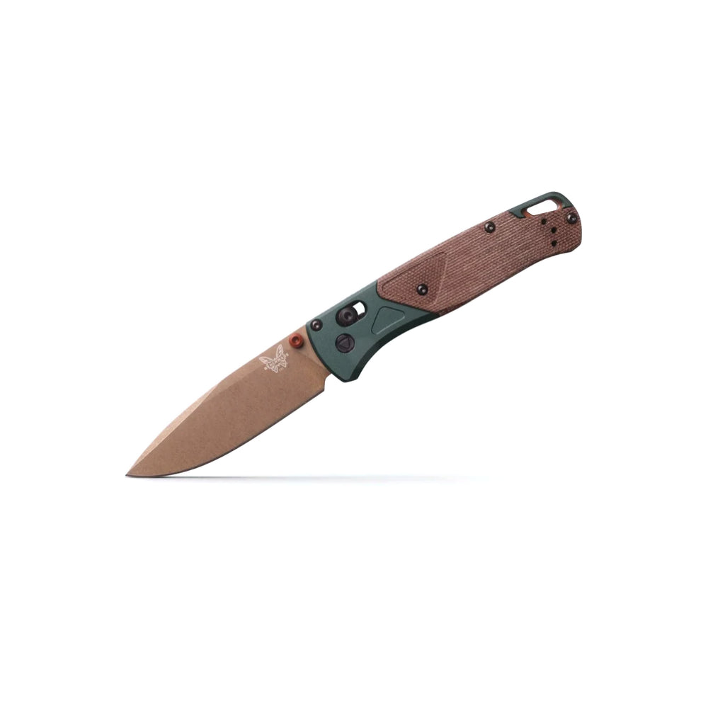 A folding pocket knife with a matte bronze-colored blade and a dual-tone handle featuring brown wood grain and dark green accents, shown on a clean white background.