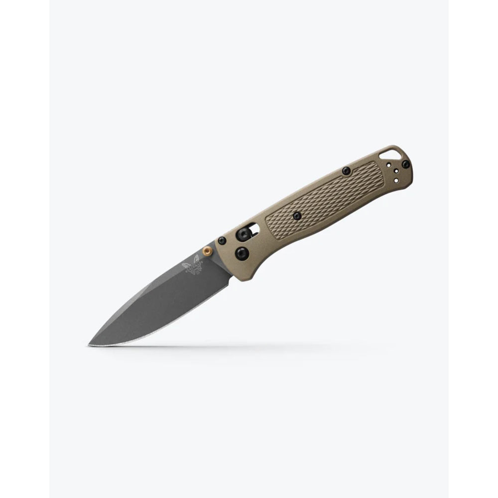 A folding pocket knife with a textured GREEN handle and a dark gray steel blade, shown open against a light gray background.