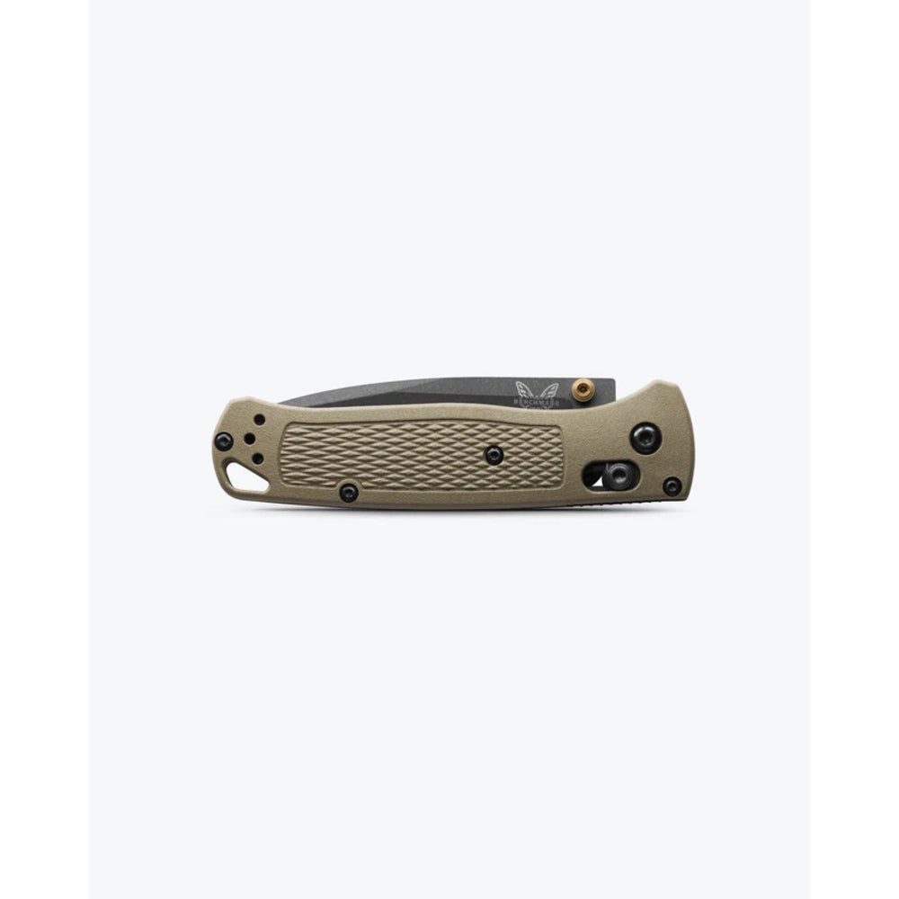 A folding pocket knife shown closed, featuring a textured green handle and a dark gray blade, set against a plain white background.