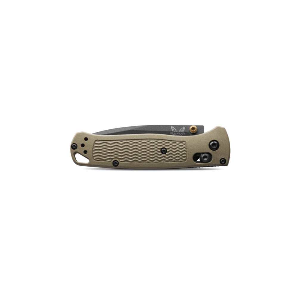 A folding pocket knife shown closed in a side profile view against a solid white background. The handle is made of a tan textured polymer, and the partially visible blade is dark gray with a small white logo and a brass pivot screw.