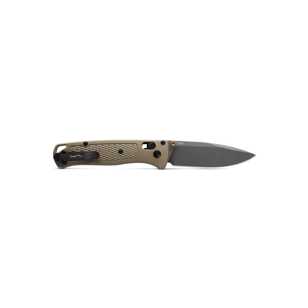 A folding pocket knife with a textured tan handle and a dark gray steel blade, shown horizontally against a plain white background.