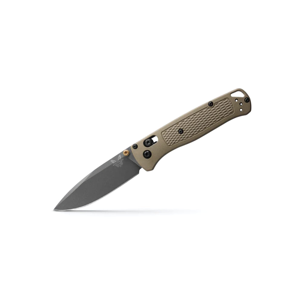 A folding pocket knife with a textured tan handle and a dark gray steel blade, shown open against a plain white background.