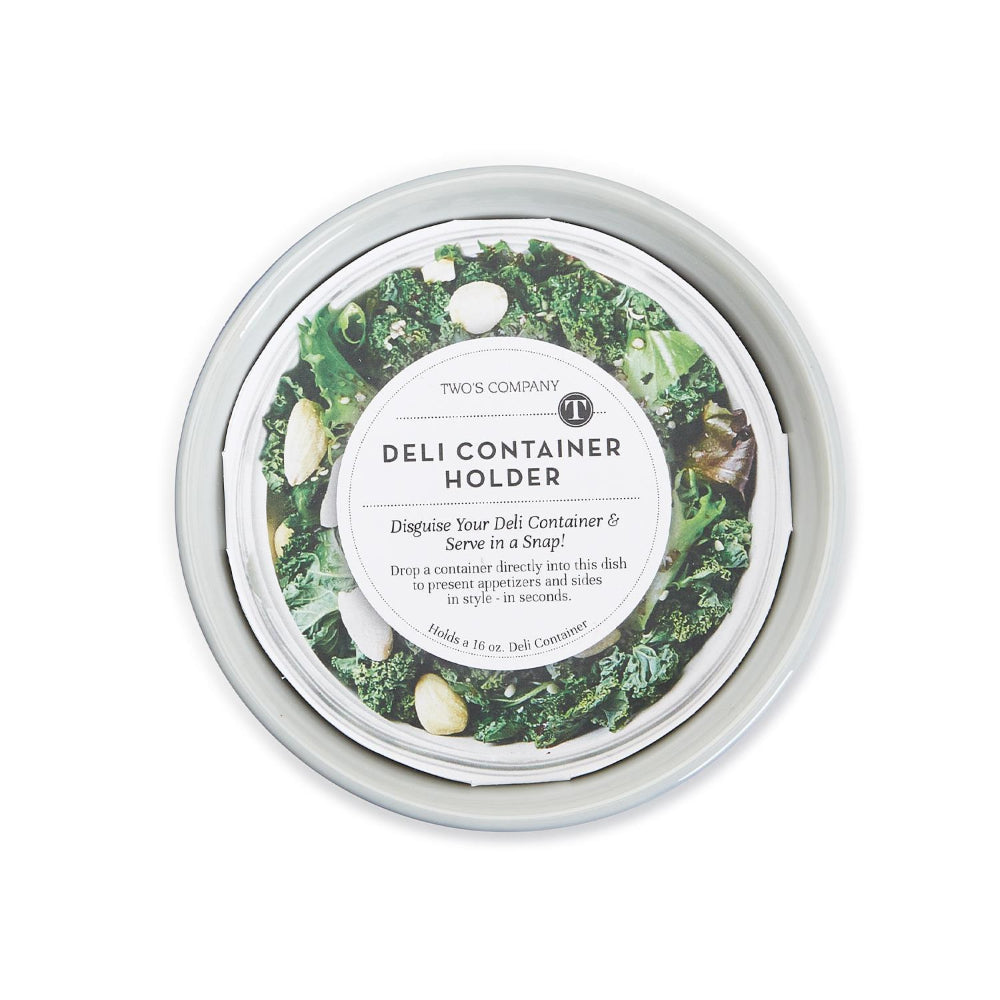 Deli container holder with green leaf design on a white background
