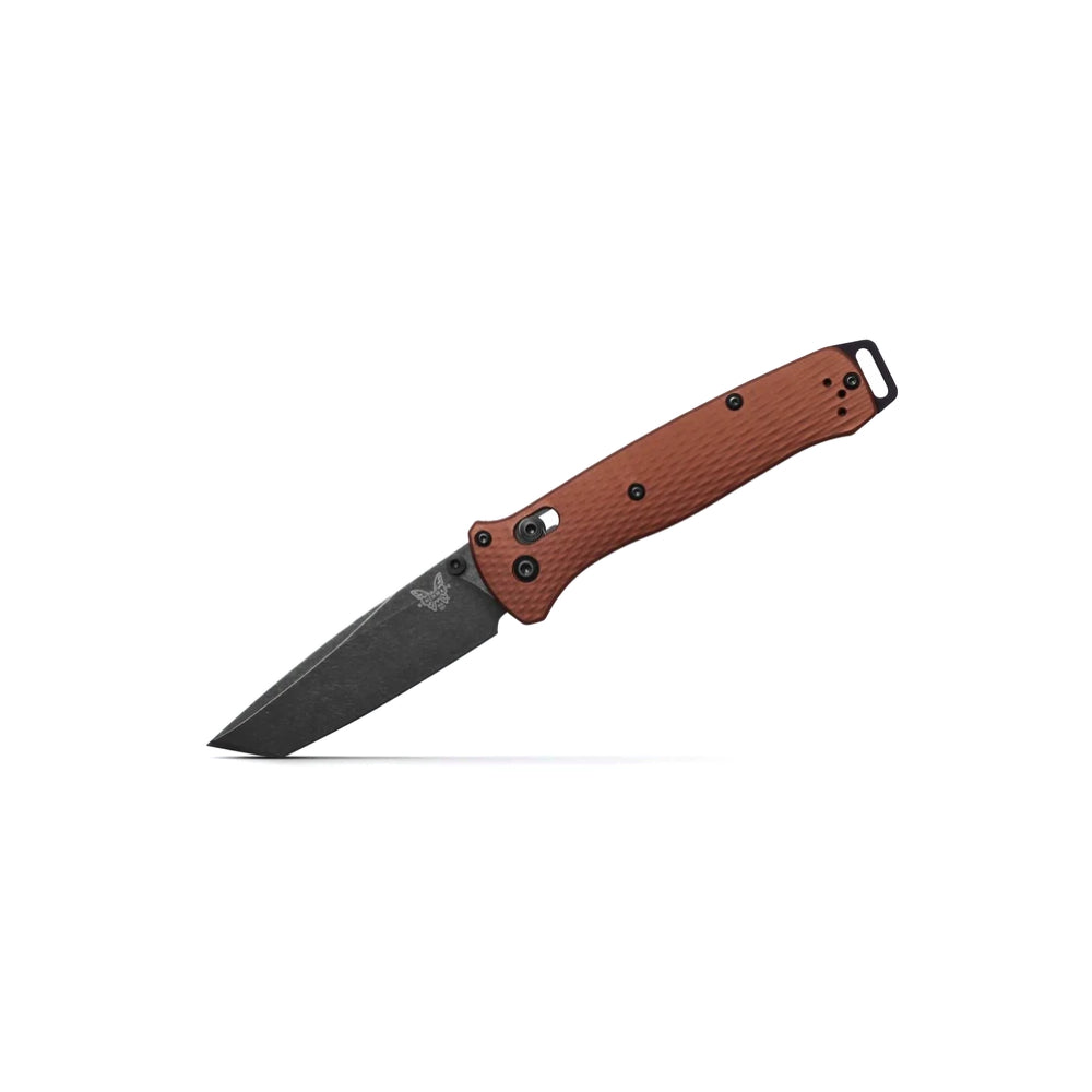 A folding pocket knife with a textured reddish-brown handle and a dark gray steel blade, shown open against a plain white background.