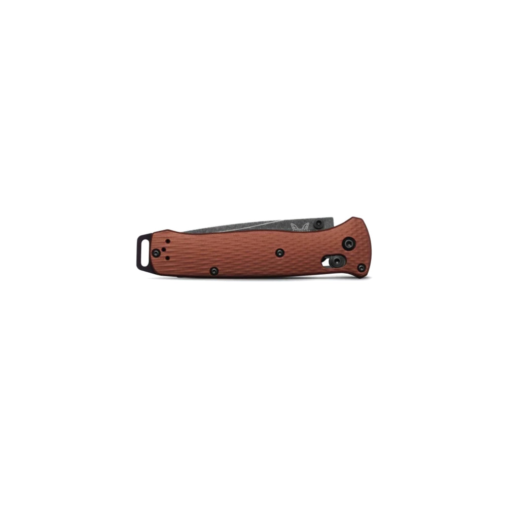 A folded  pocket knife with a textured reddish-brown handle and a dark gray steel blade, shown open against a plain white background.