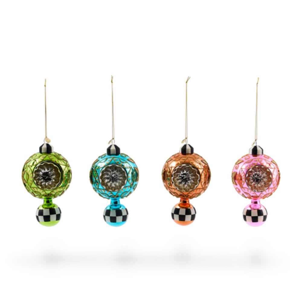 Four hanging ornament-like decorations with faceted round tops and checkerboard ball accents, shown in green, turquoise, copper, and pink on a white background.