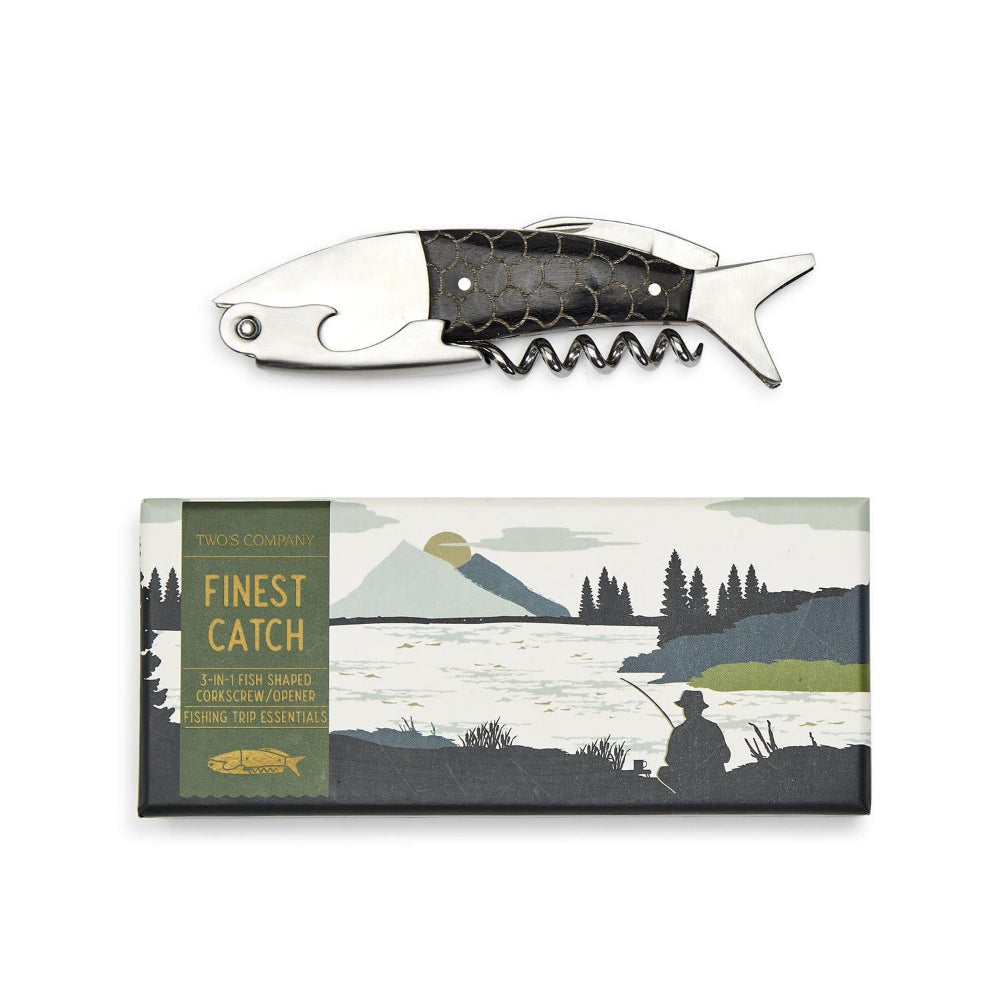Fish-shaped corkscrew with packaging on a white background.