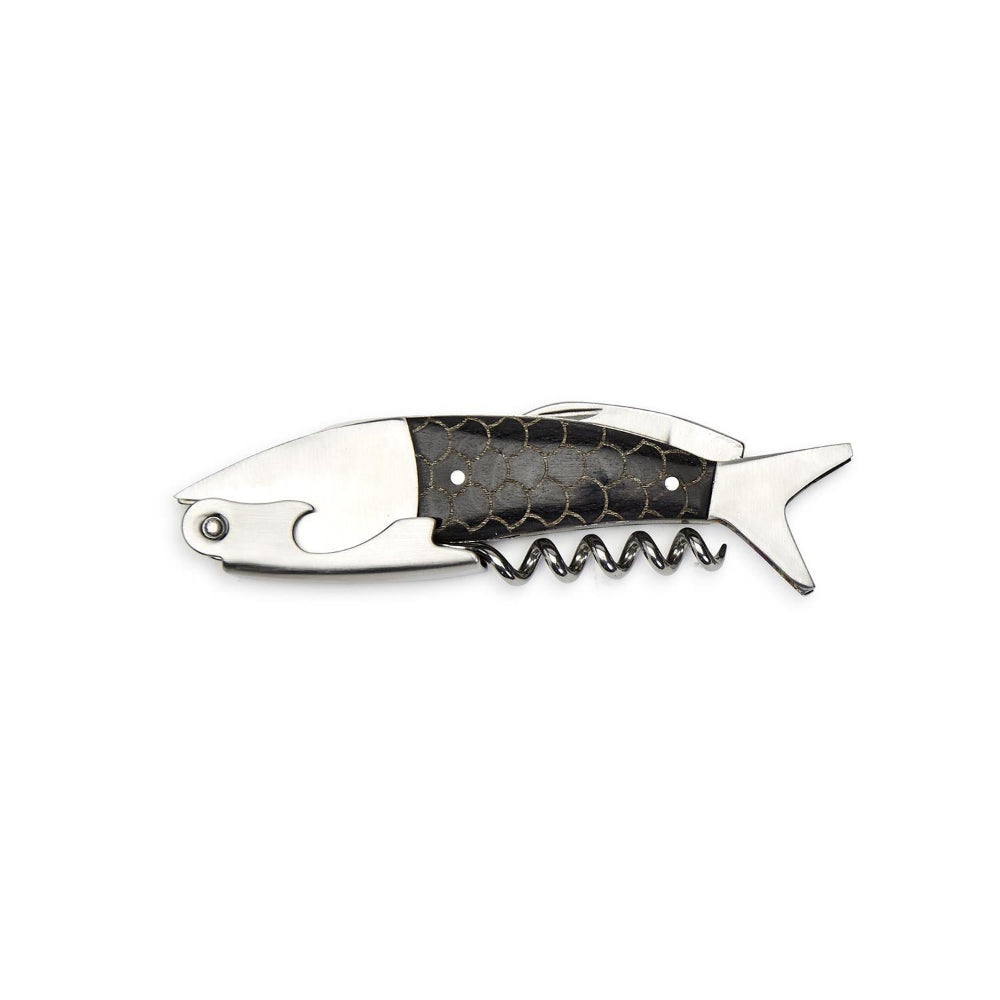 A fish-shaped corkscrew opener with a textured black handle and silver metal components, shown on a plain white background.