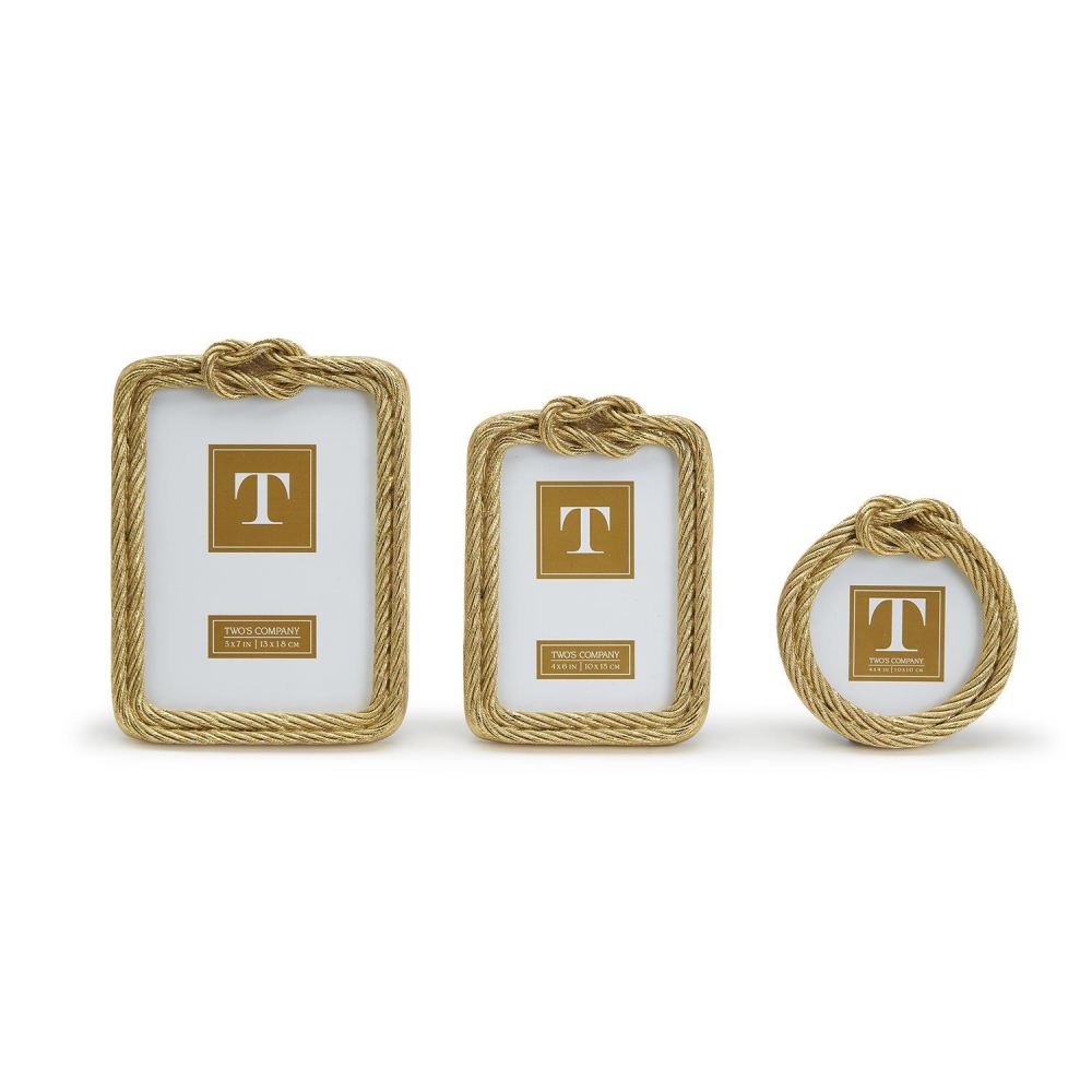 Three decorative picture frames with gold rope detailing on a white background.