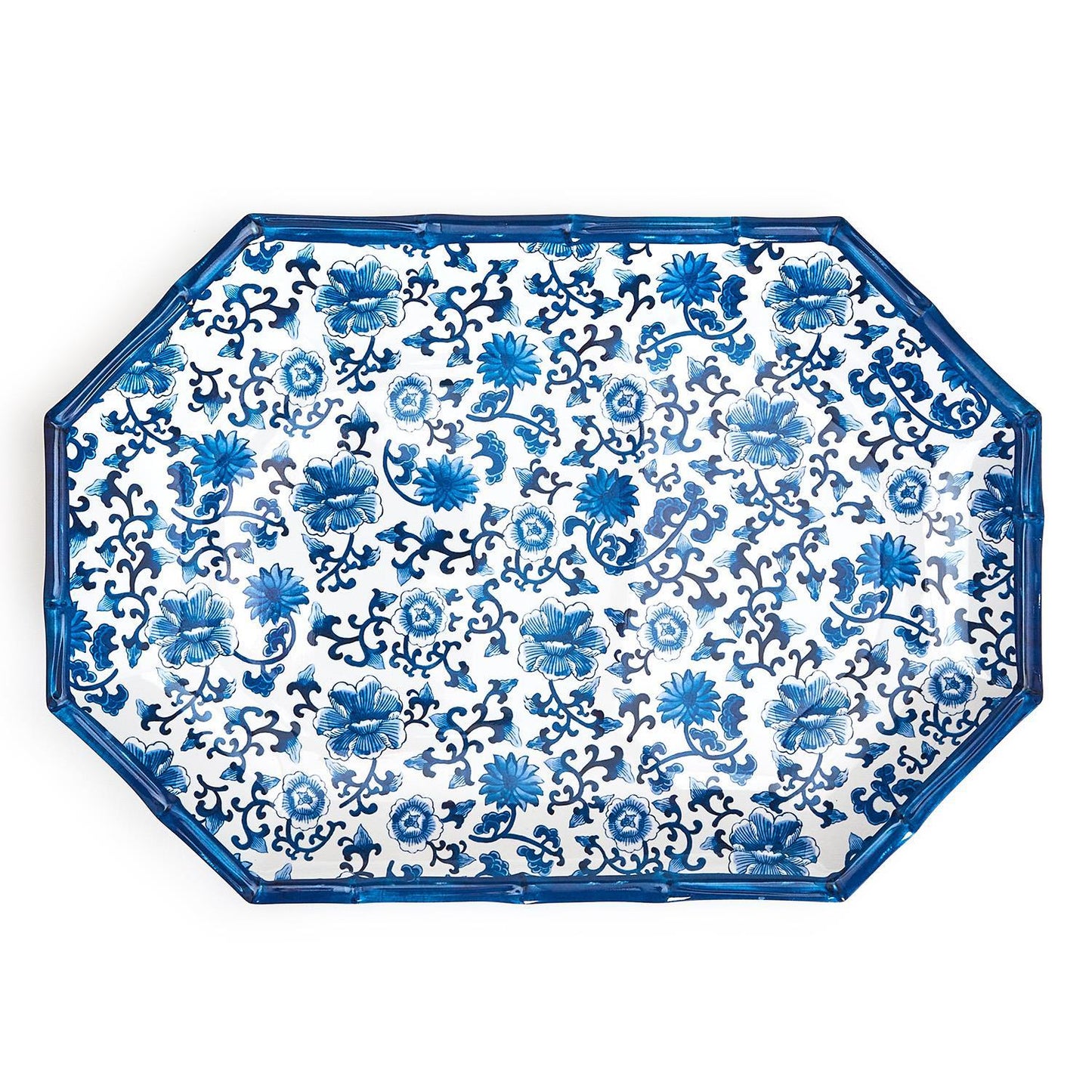 Two's Company Blue Bamboo Touch Floral Pattern Octagonal Serving Tray