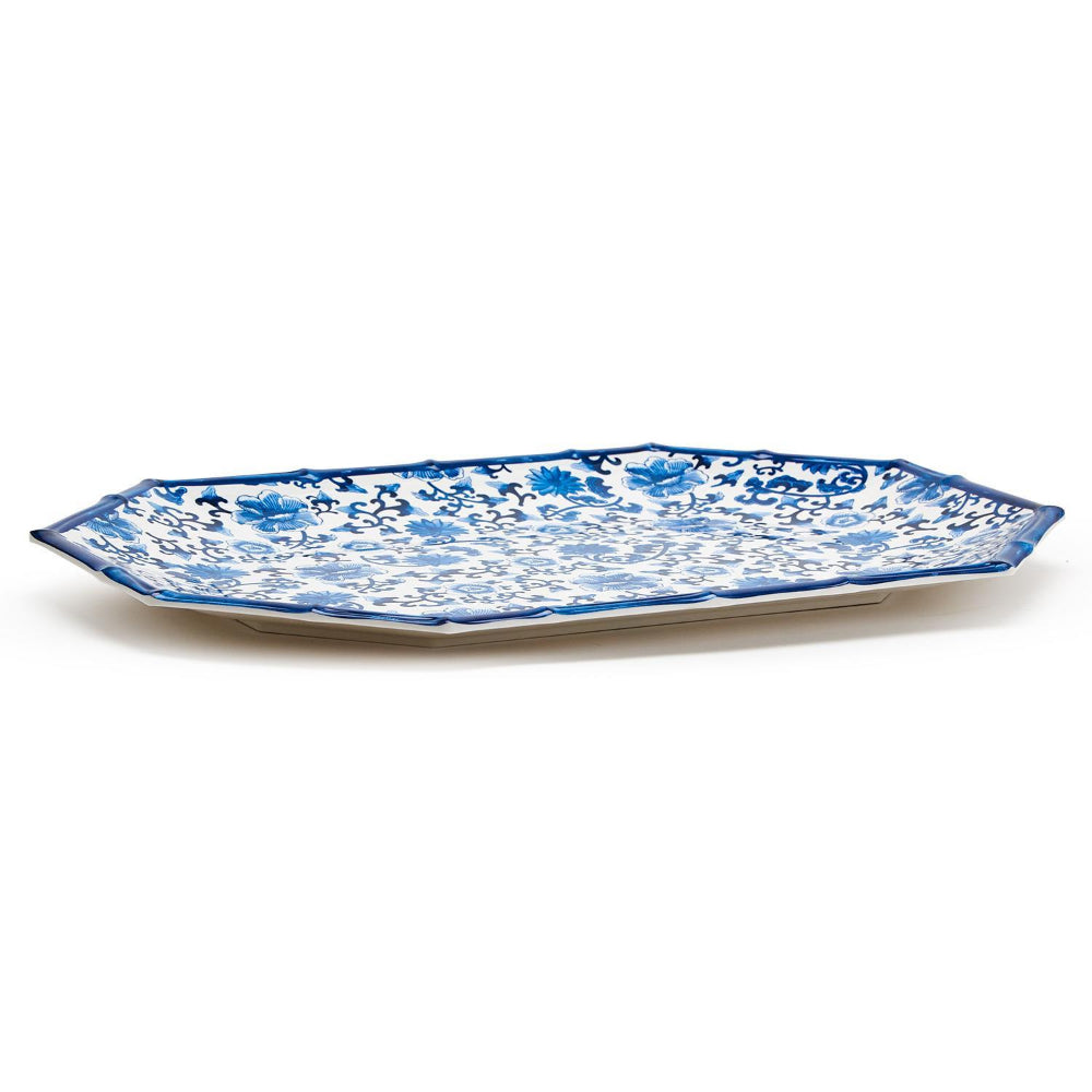 Two's Company Blue Bamboo Touch Floral Pattern Octagonal Serving Tray
