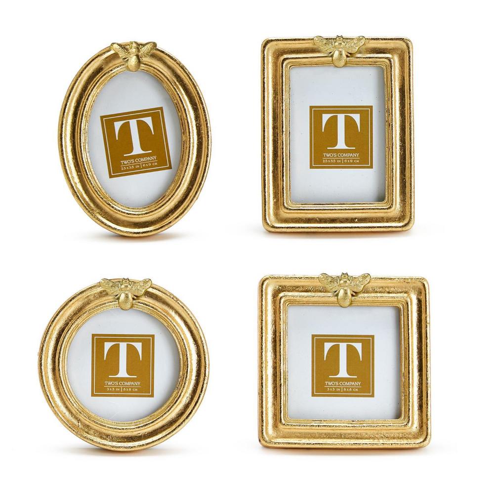 A four gold leaf photo frames with a bee motif in different shapes: round, oval, square, and rectangle.