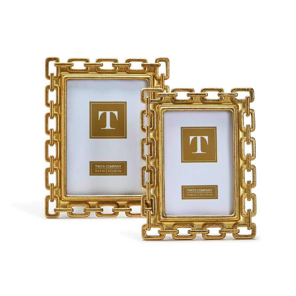 Two gold-colored resin photo frames with a chain link design,in 4x6 & 4x7, from the brand Two's Company.