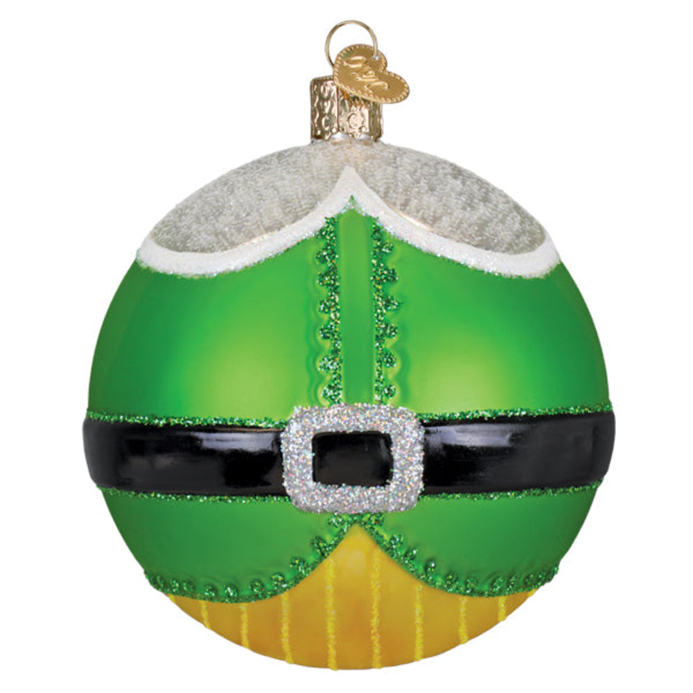 Green glass ornament resembling an elf's outfit on a white background