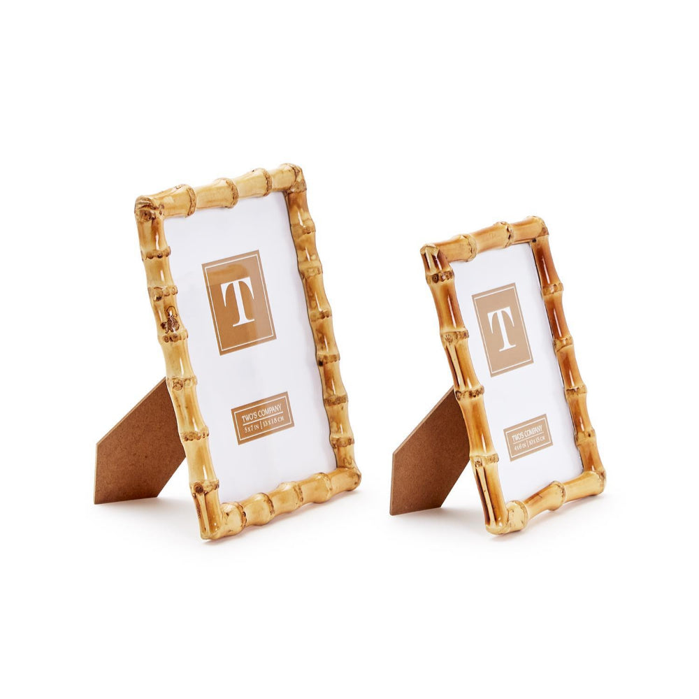 A photo of the sides of two bamboo photo frames 4x6 & 5x7 on on a white background.