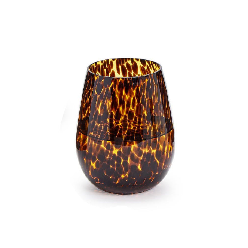 A stemless wine glass with a glossy amber-brown and black tortoiseshell pattern, shown on a clean white background.