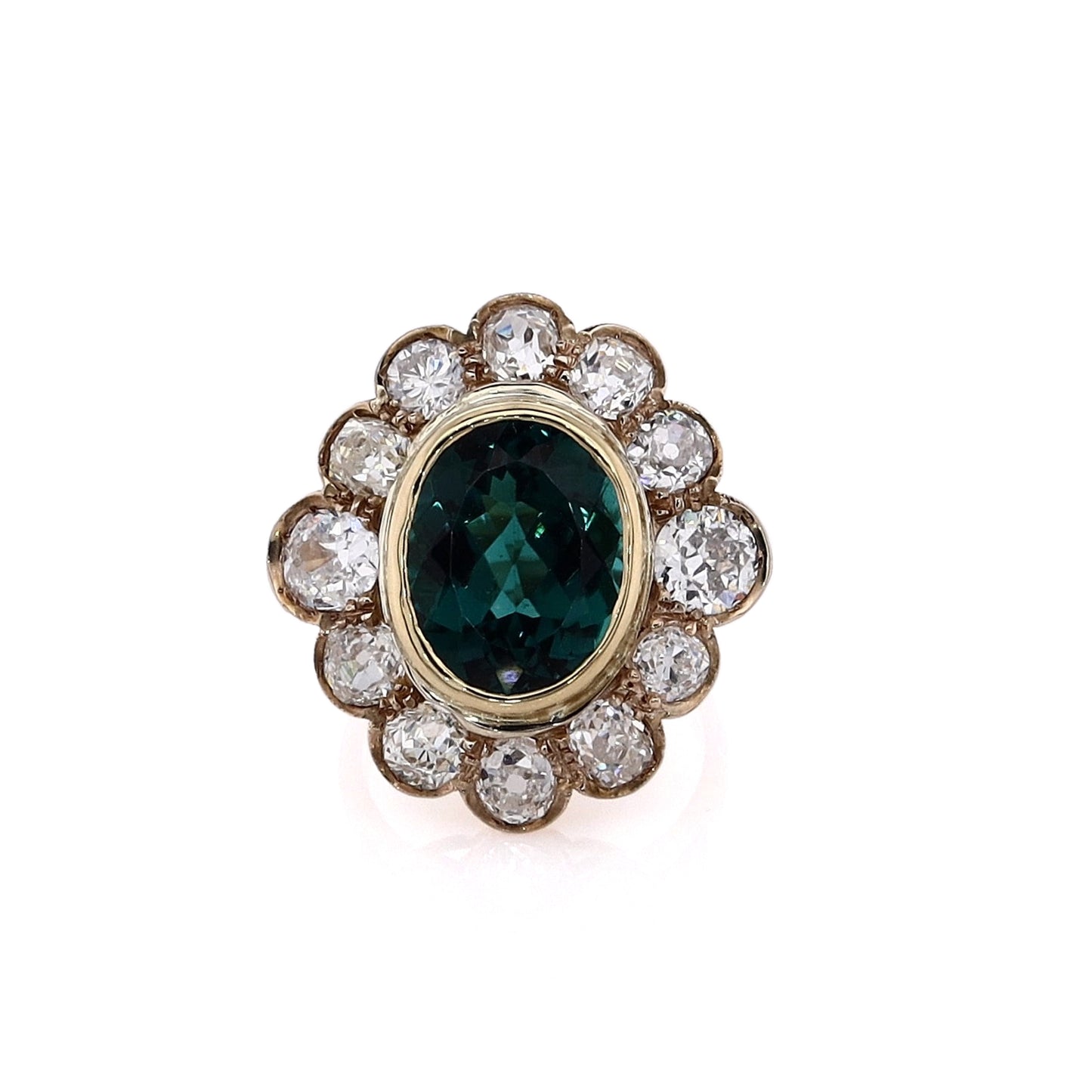 Estate 18 Karat Yellow Gold Oval Tourmaline and Diamond Halo Ring