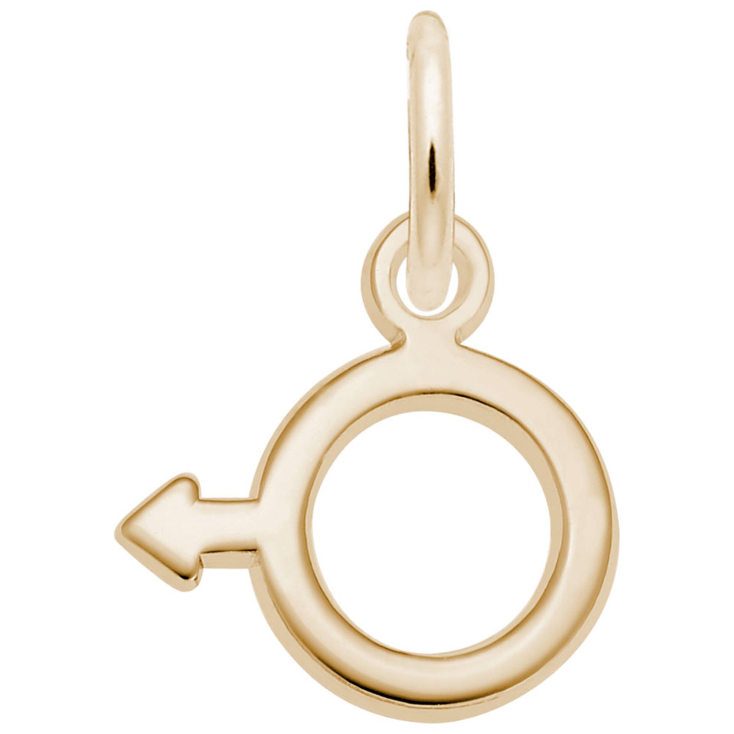 Gold male gender symbol charm on a white background