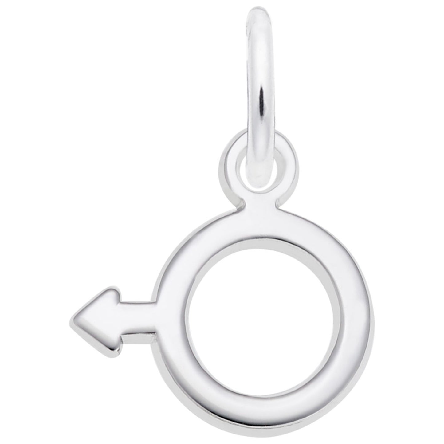 Silver male gender symbol charm on a white background