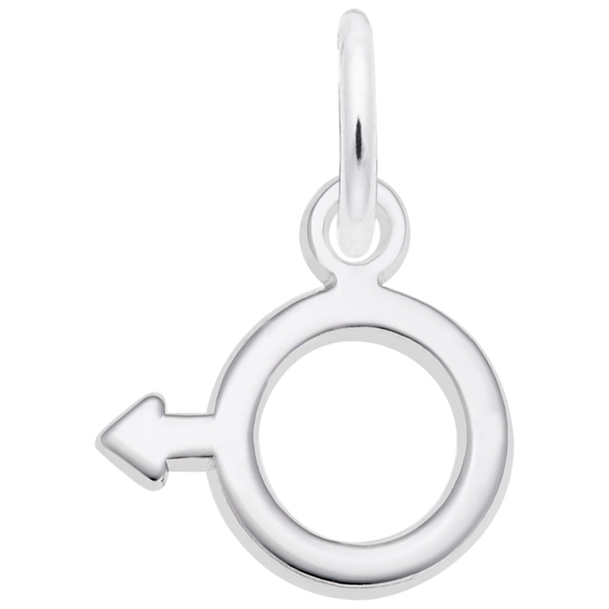 Silver male gender symbol charm on a white background