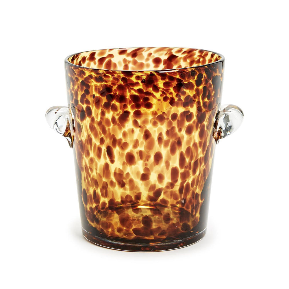 Tortoise shell patterned glass ice bucket on a white background.