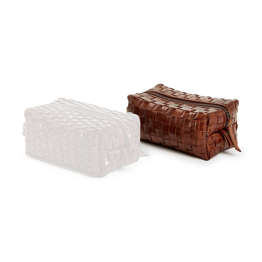  Brown woven leather bag on a white background.