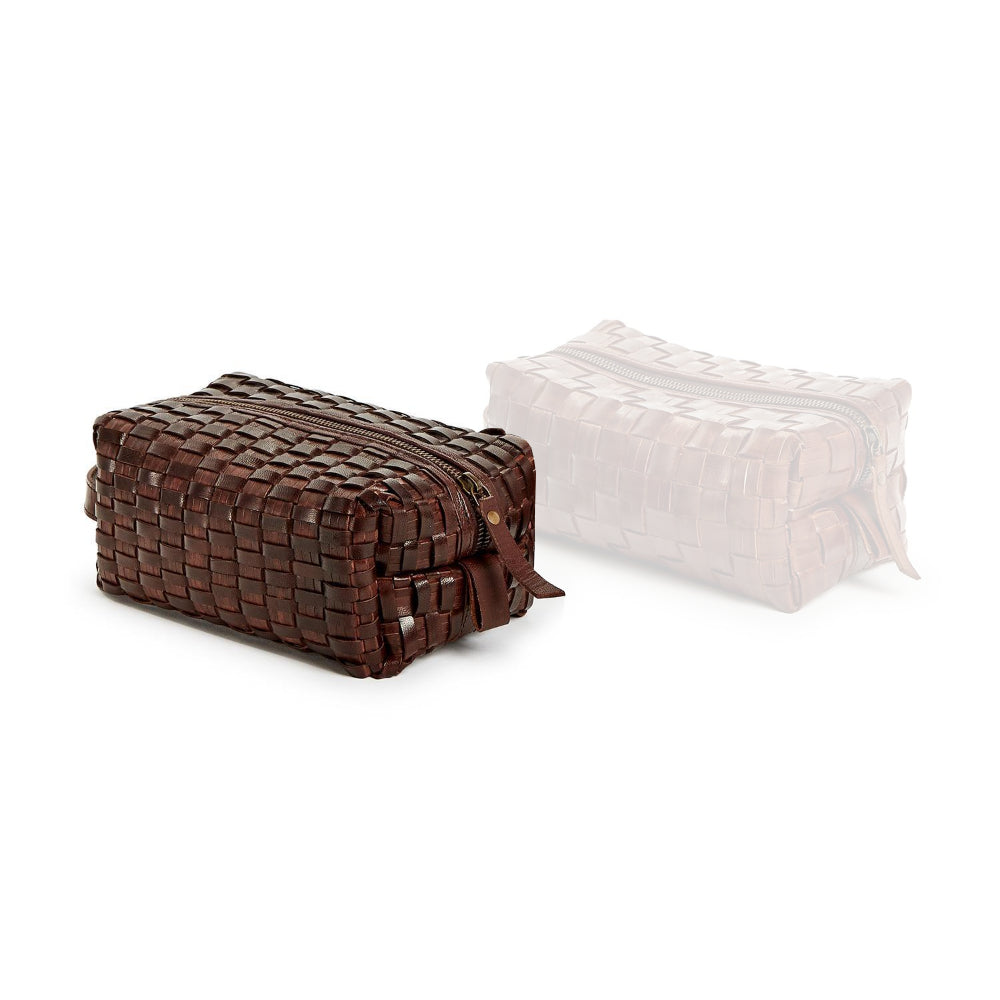 Dark brown woven leather bag on a white background.