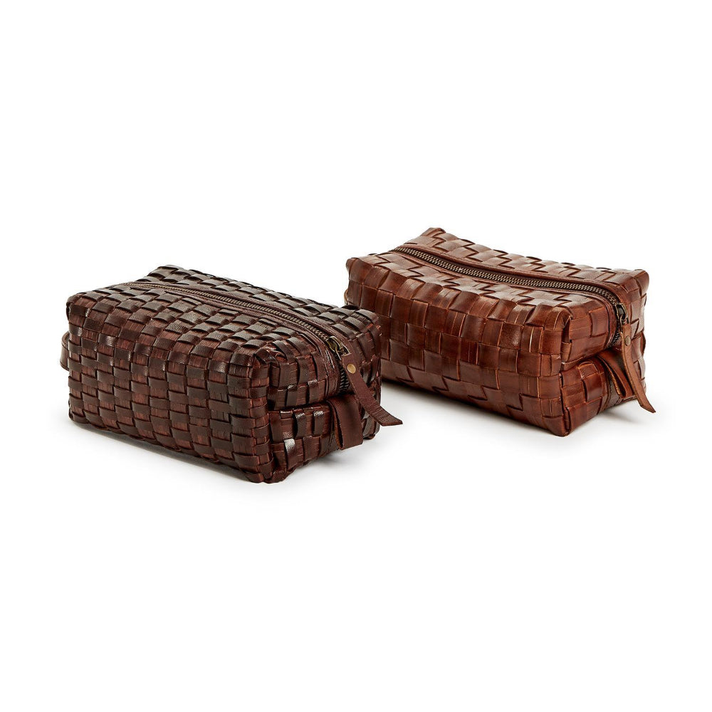 Two woven brown leather zip pouches with leather ties, shown on a clean white background.