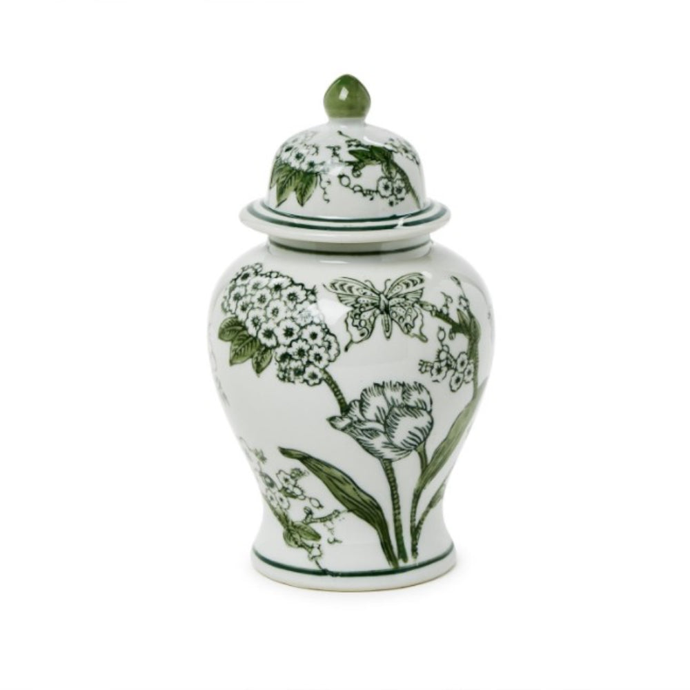 Two's Company 8" Green and White Primrose and Lotus Chinoiseire Jar