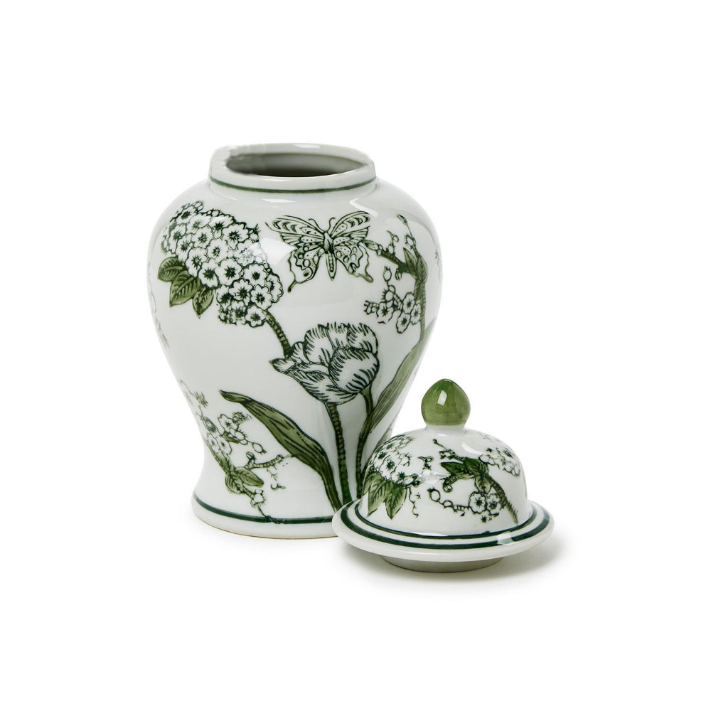 Two's Company 8" Green and White Primrose and Lotus Chinoiseire Jar