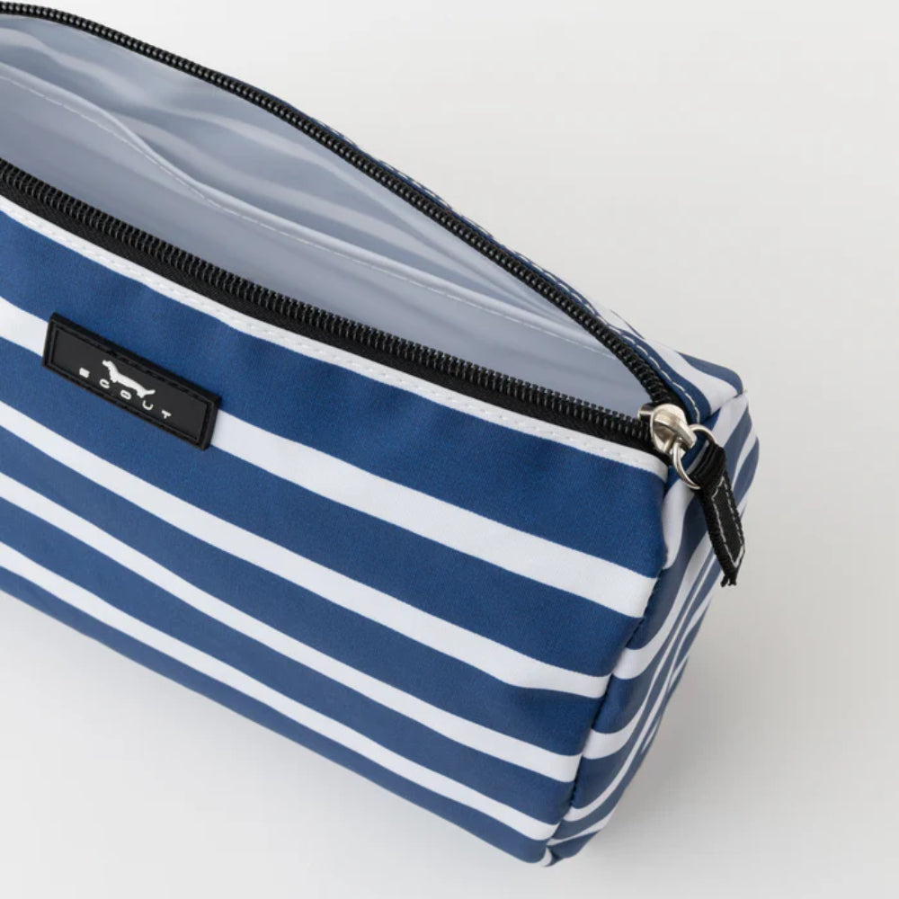 Blue and white striped pouch with a zipper on a light gray background