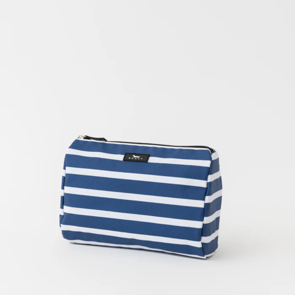 Blue and white striped pouch with a visible brand logo on a light gray background