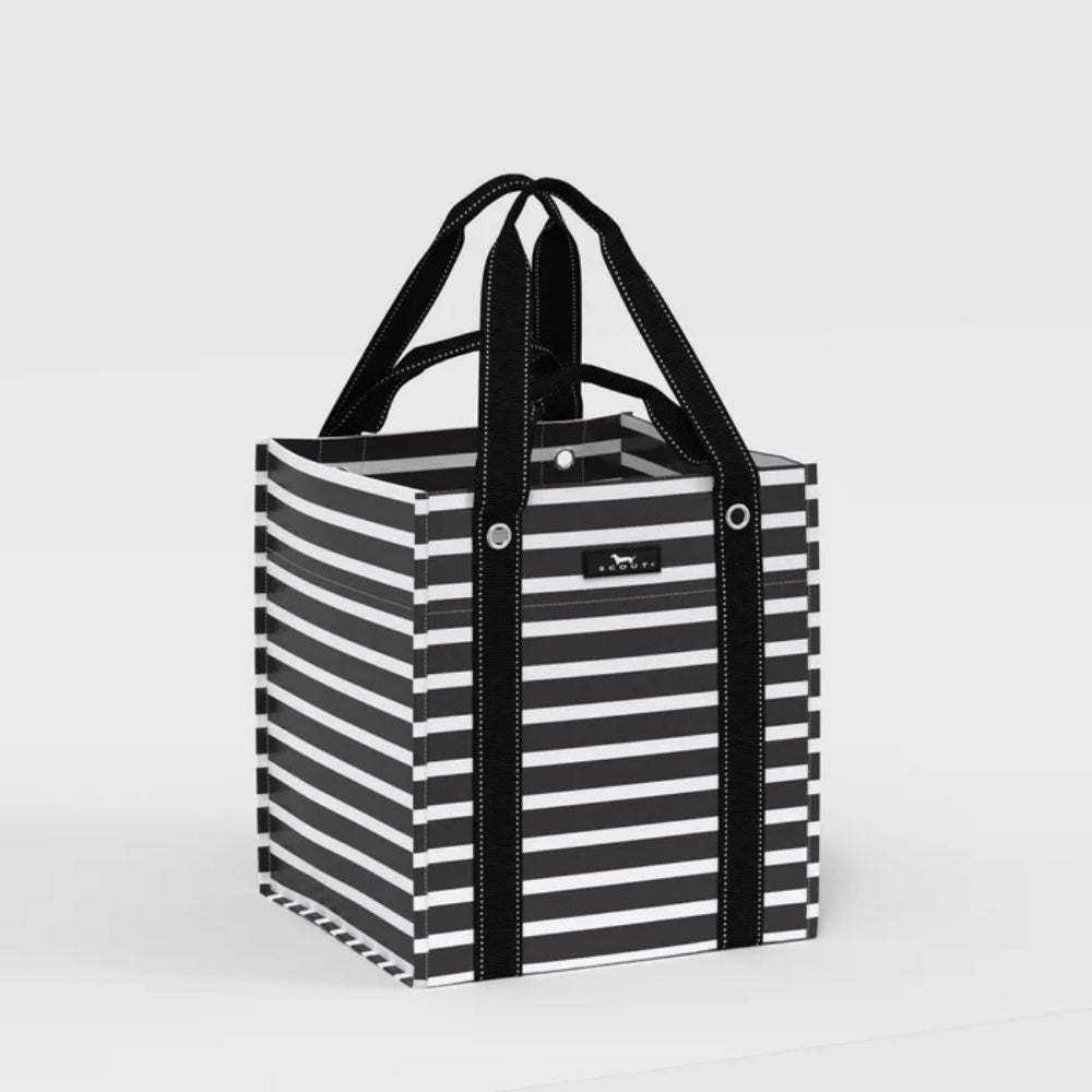 Striped black tote bag on white background