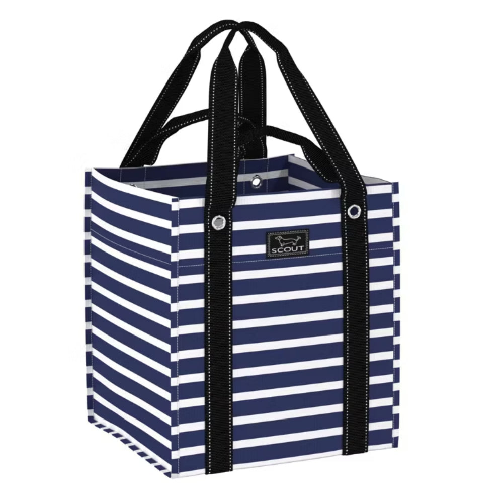 Striped blue tote bag on white background 