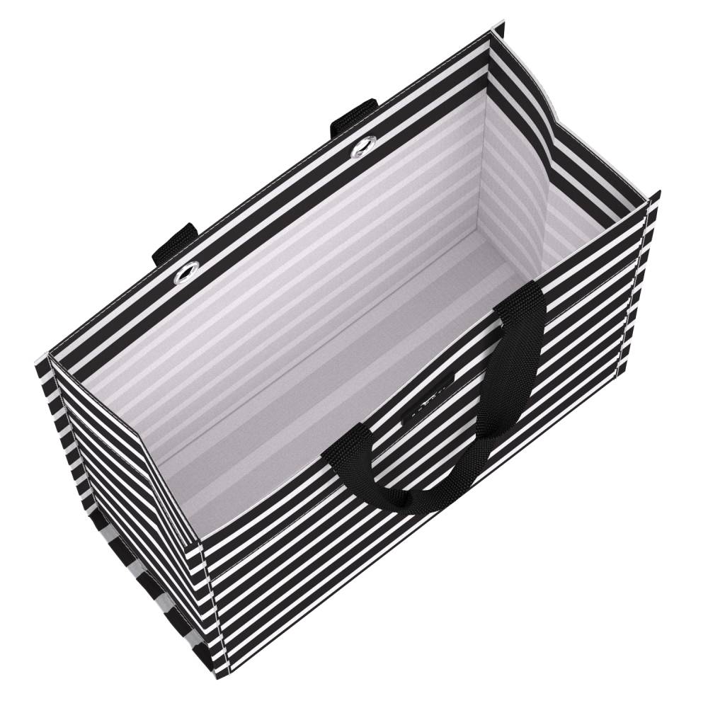 A rectangular tote bag with a black and white striped exterior and a light gray striped interior, featuring black shoulder straps, shown on a plain white background.