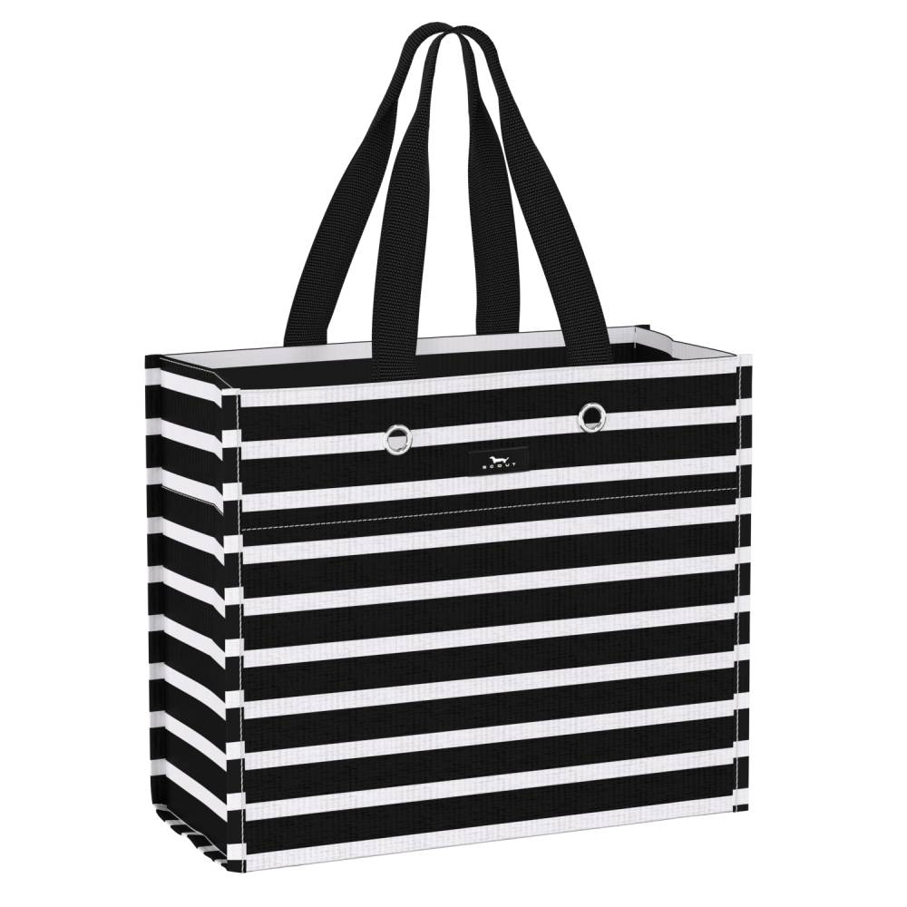A striped canvas tote bag with black and white horizontal stripes, featuring black shoulder straps and a small black brand plaque on the front.