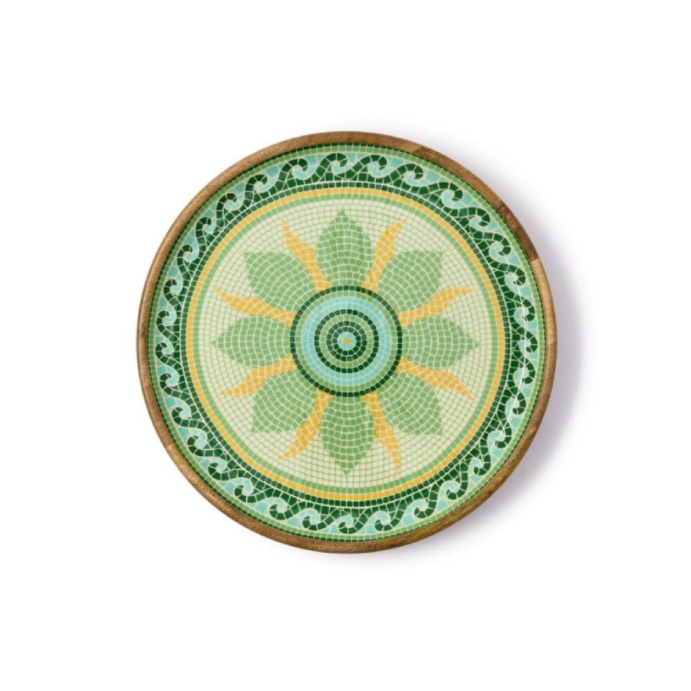 Two's Company Garden View Hand-Crafted Wooden Round Trays with Enamel