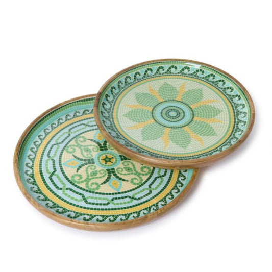 Two's Company Garden View Hand-Crafted Wooden Round Trays with Enamel